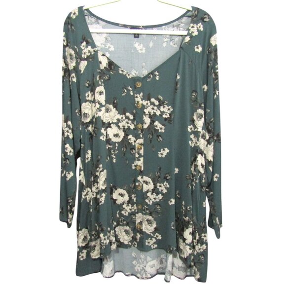 Torrid Teal Green Floral Button Front Peasant Top Womens Size 2X 3/4 Sleeve - Picture 1 of 9